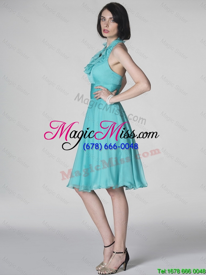 wholesale the new style beautiful super hot halter top turquoise prom dresses with ruffles and belt