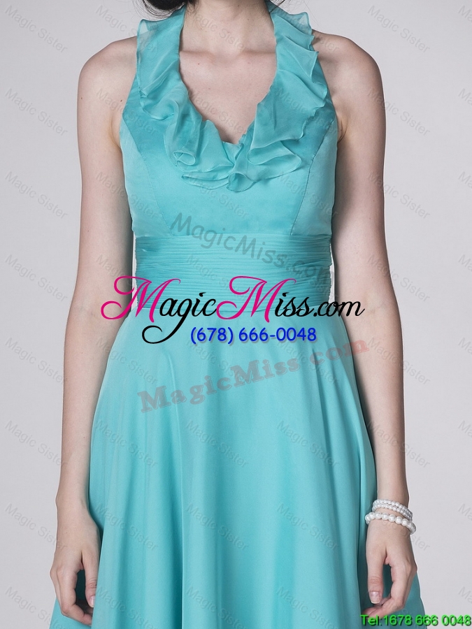 wholesale the new style beautiful super hot halter top turquoise prom dresses with ruffles and belt