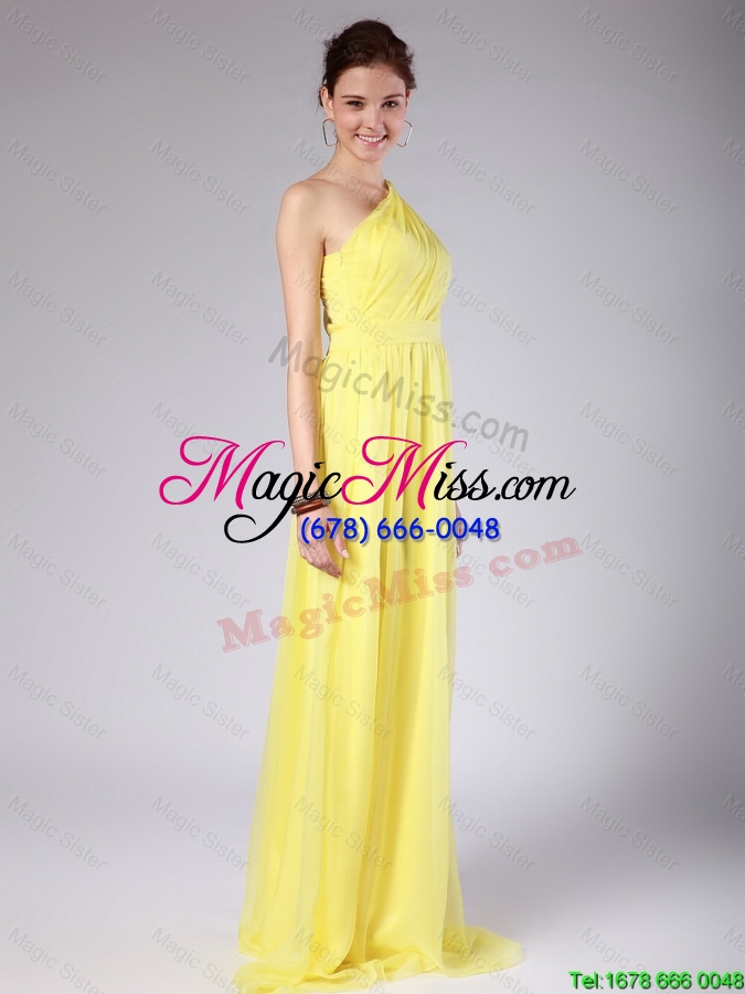 wholesale elegant one shoulder sashes yellow prom dresses with sweep train for 2016