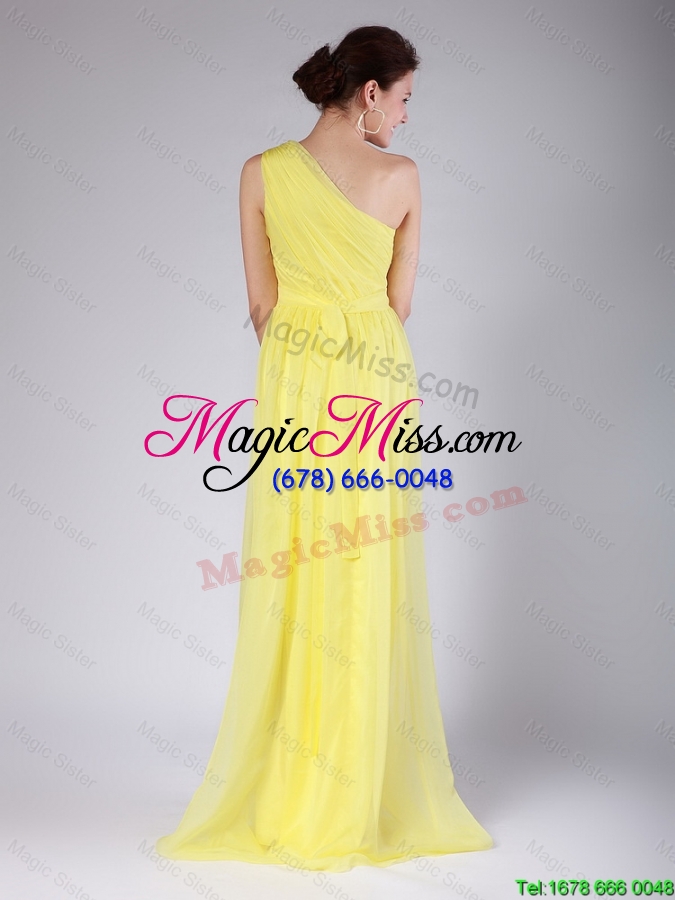 wholesale elegant one shoulder sashes yellow prom dresses with sweep train for 2016