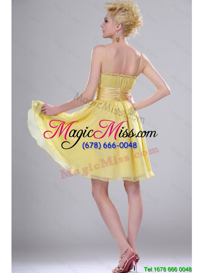 wholesale new style beautiful pretty yellow mini length prom dresses with spaghetti straps