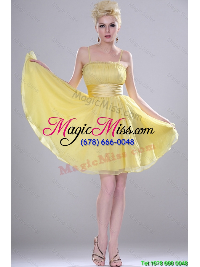 wholesale new style beautiful pretty yellow mini length prom dresses with spaghetti straps