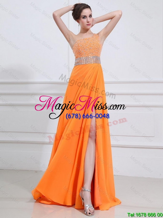 wholesale exquisite beading and high slit orange prom dresses with brush train