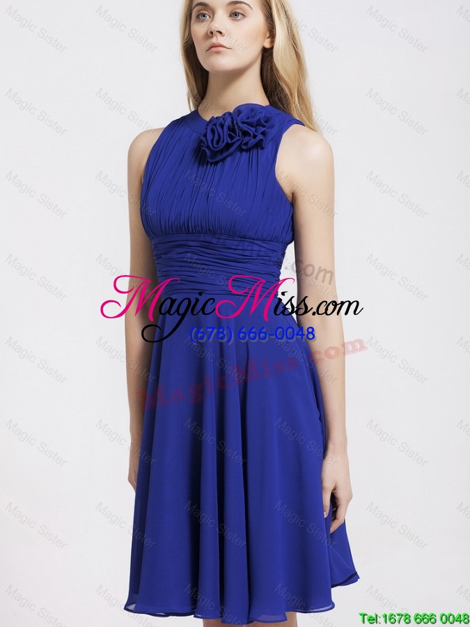 wholesale fashionable short royal blue prom dresses with hand made flowers