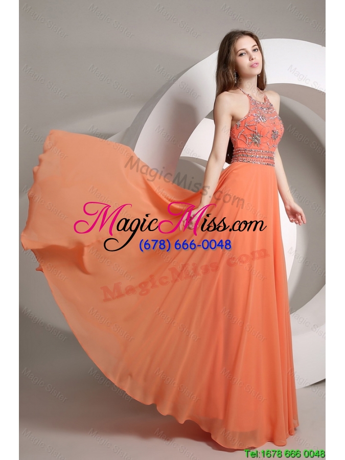 wholesale new arrivals hot sale elegant beaded empire orange prom dresses with halter top