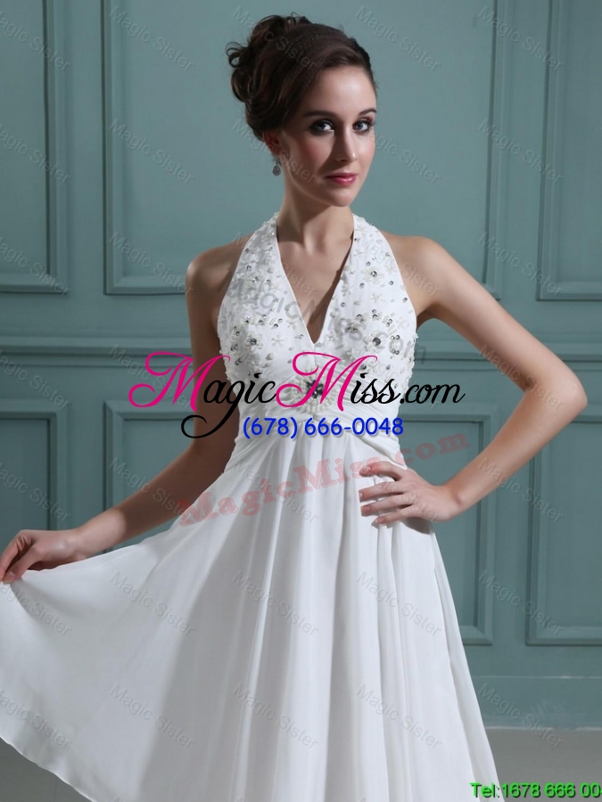 wholesale 2016 cheap empire halter top white prom dresses with beading