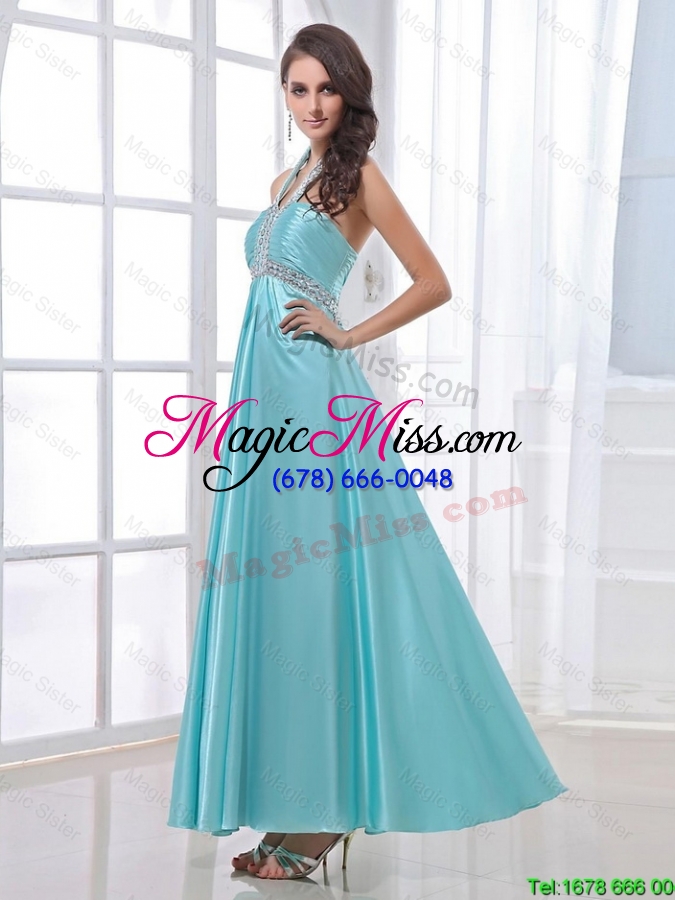 wholesale gorgeous new arrivals hot sale halter top beading ankle length aqua blue prom dresses
