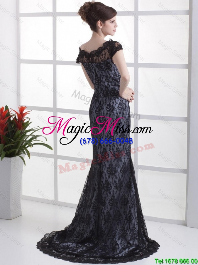 wholesale luxurious column lace black prom dresses with brush train