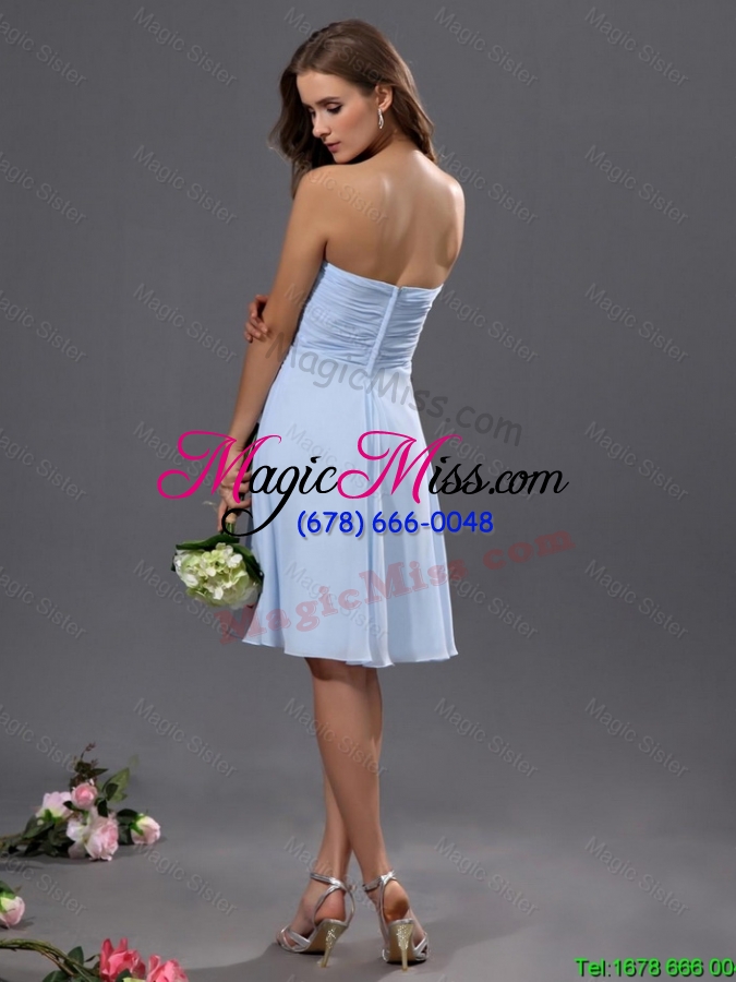 wholesale exquisite ruching and hand made flower short prom dress in light blue