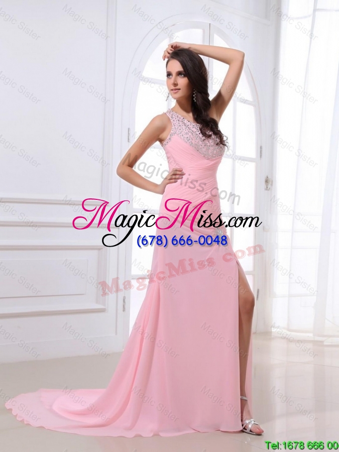 wholesale cheap new arrivals hot sale column brush train prom dresses with high slit and beading