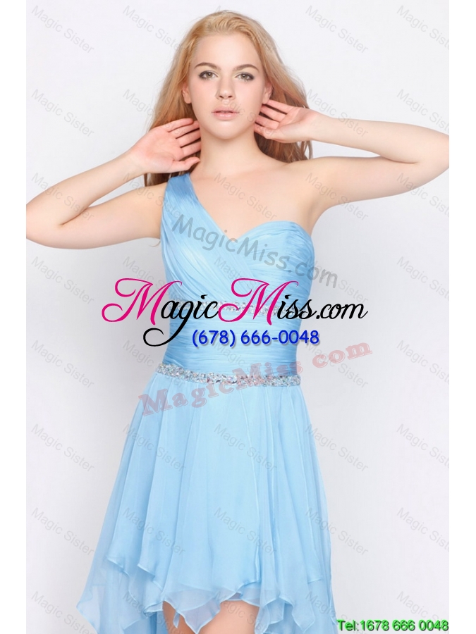 wholesale affordable one shoulder beading high low prom dresses in baby blue