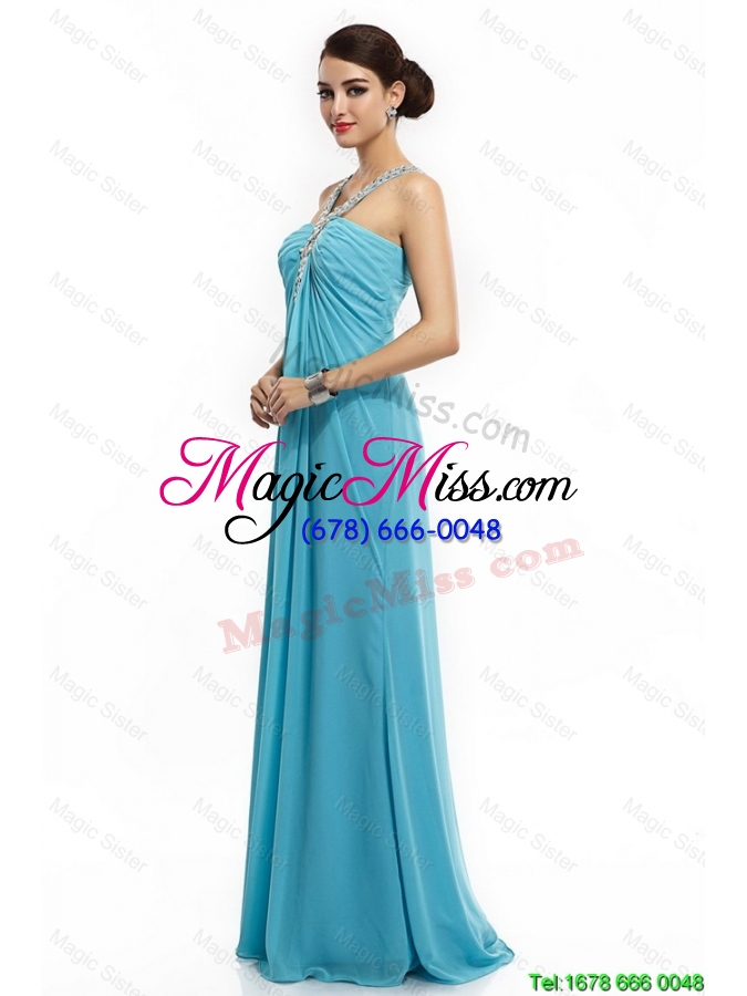 wholesale 2016 classical brush train straps beaded prom dresses in aqua blue