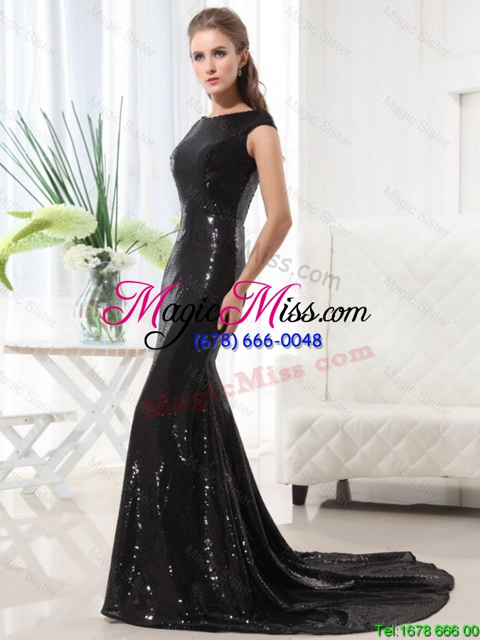 wholesale beautiful column bateau brush train sequins prom dresses in black