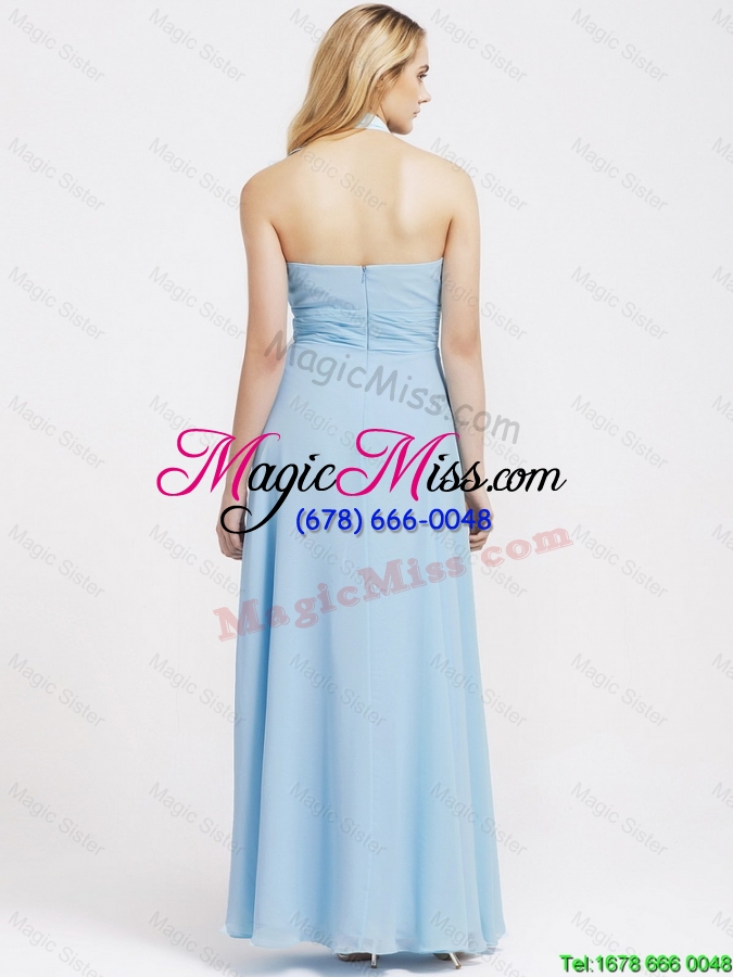 wholesale gorgeous halter top ruffles and belt baby blue prom dresses for 2016