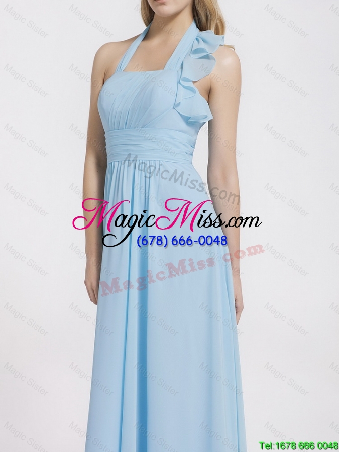 wholesale gorgeous halter top ruffles and belt baby blue prom dresses for 2016