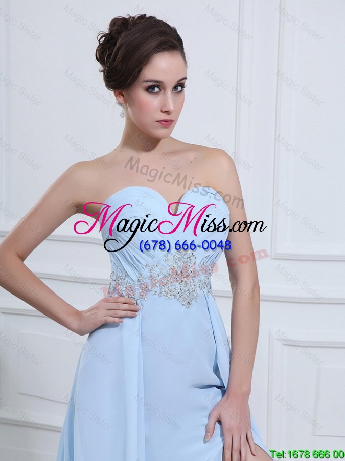 wholesale customize sweetheart appliques and beading prom dresses in light blue