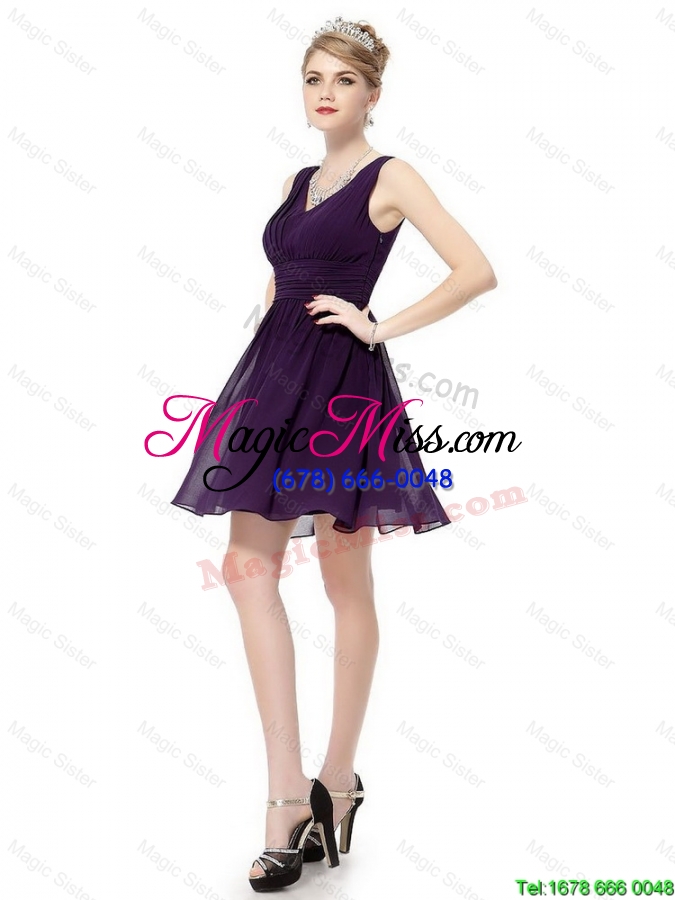wholesale new style v neck dark purple prom dresses with ruching