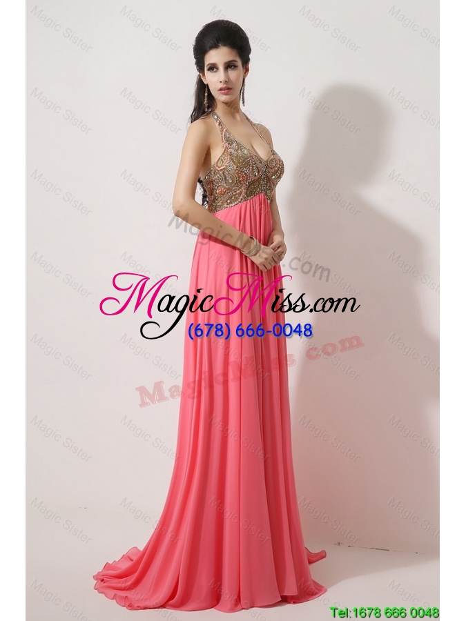 wholesale gorgeous halter top brush train prom dresses in watermelon red