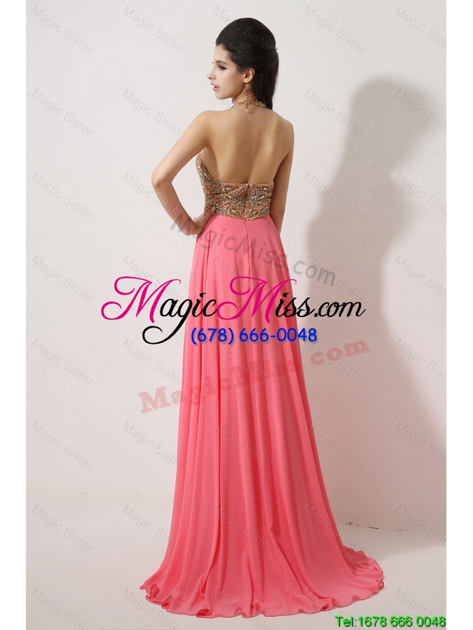 wholesale gorgeous halter top brush train prom dresses in watermelon red