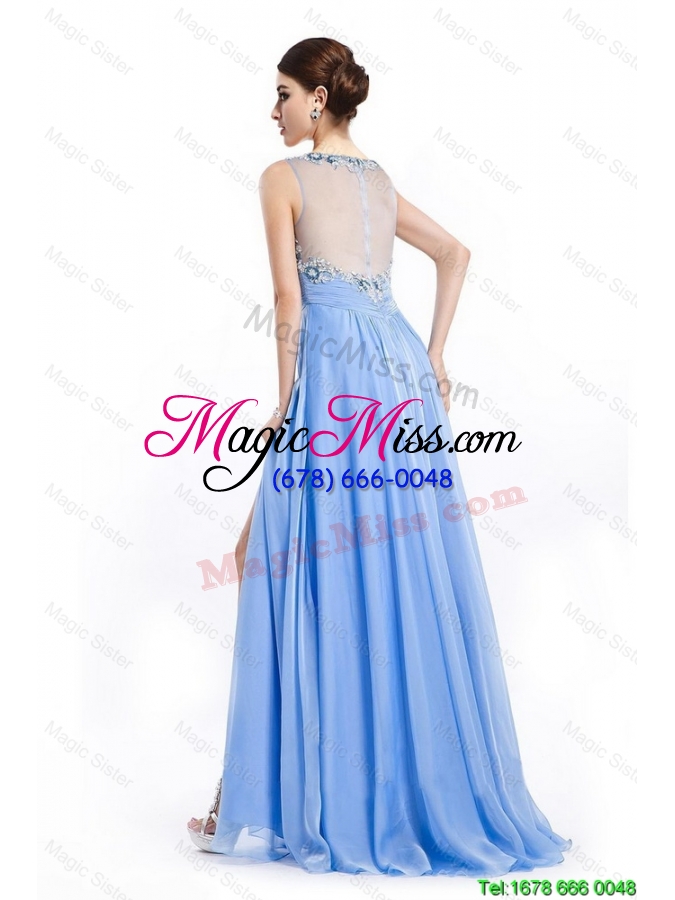 wholesale gorgeous brush train prom dresses with appliques and high slit