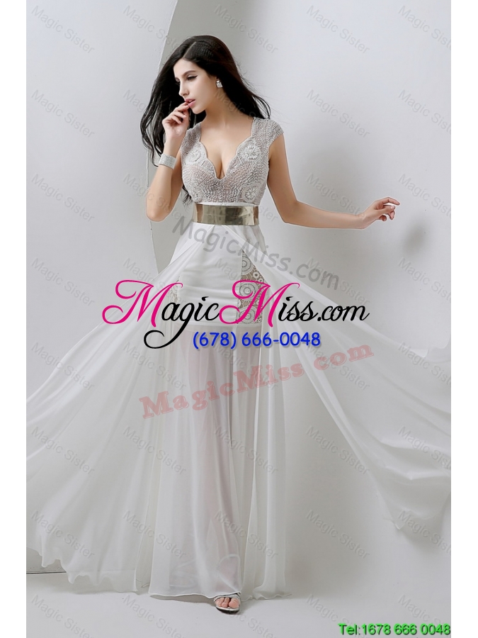wholesale classical empire v neck white prom dresses with beading and belt