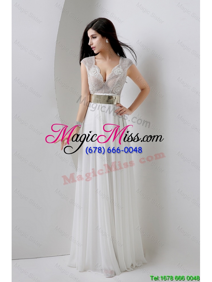 wholesale classical empire v neck white prom dresses with beading and belt