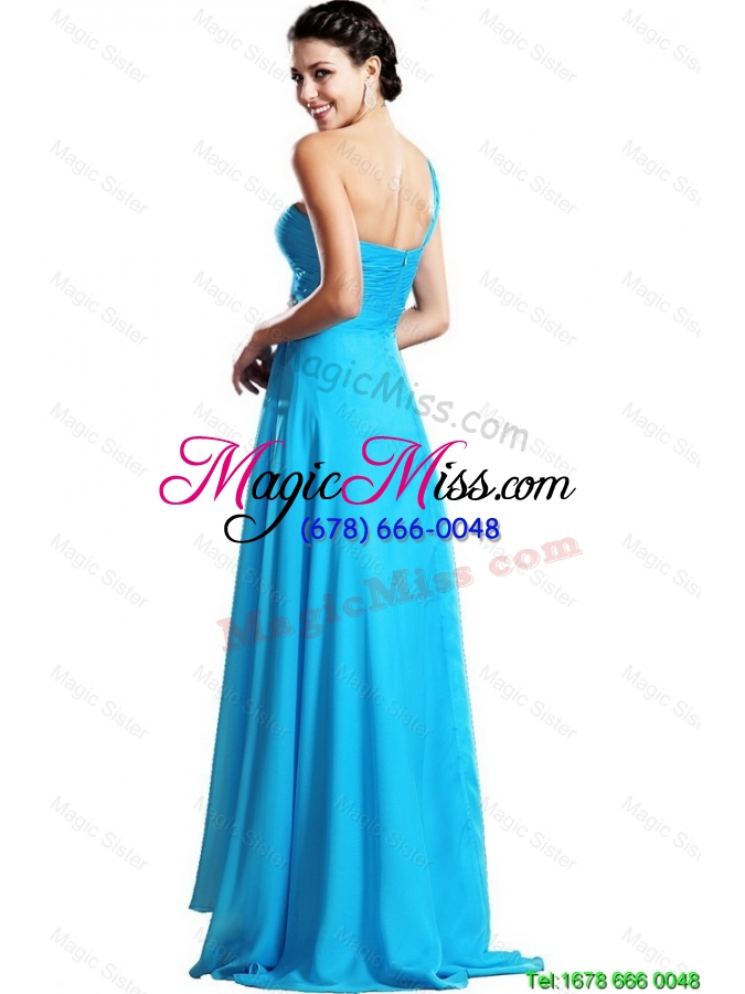 wholesale elegant one shoulder aqua blue prom dresses with brush train