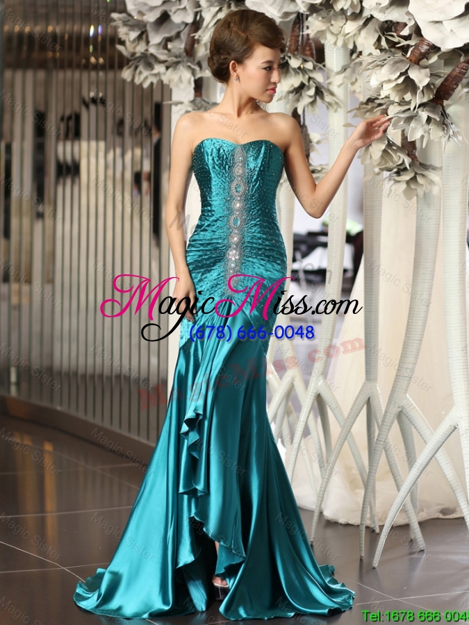 wholesale luxurious mermaid brush train beaded prom dresses in teal