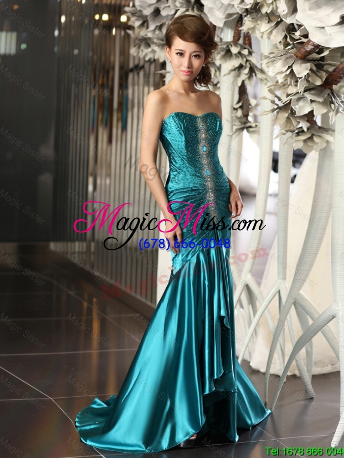 wholesale luxurious mermaid brush train beaded prom dresses in teal