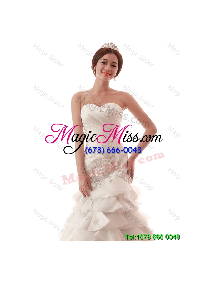 wholesale 2016 summer luxurious beading and ruffles white wedding dress with brush train