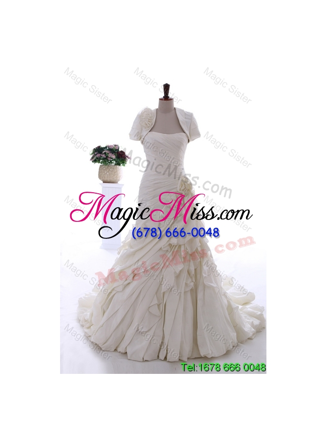 wholesale 2015 winter exquisite hand made flowers and ruffles wedding dresses with brush train