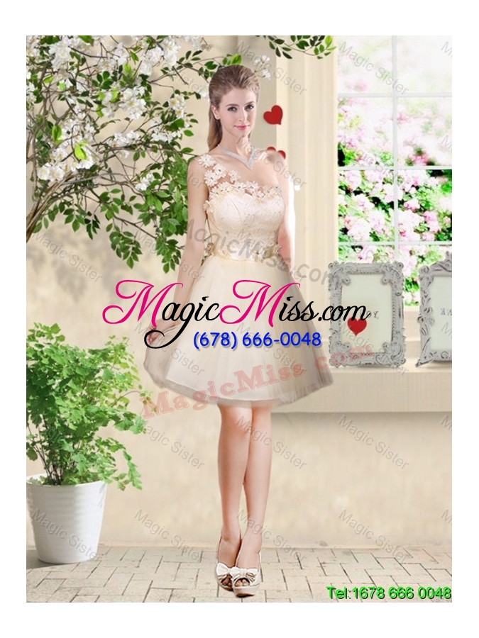 wholesale modest a line appliques and belt bridesmaid dresses in champagne