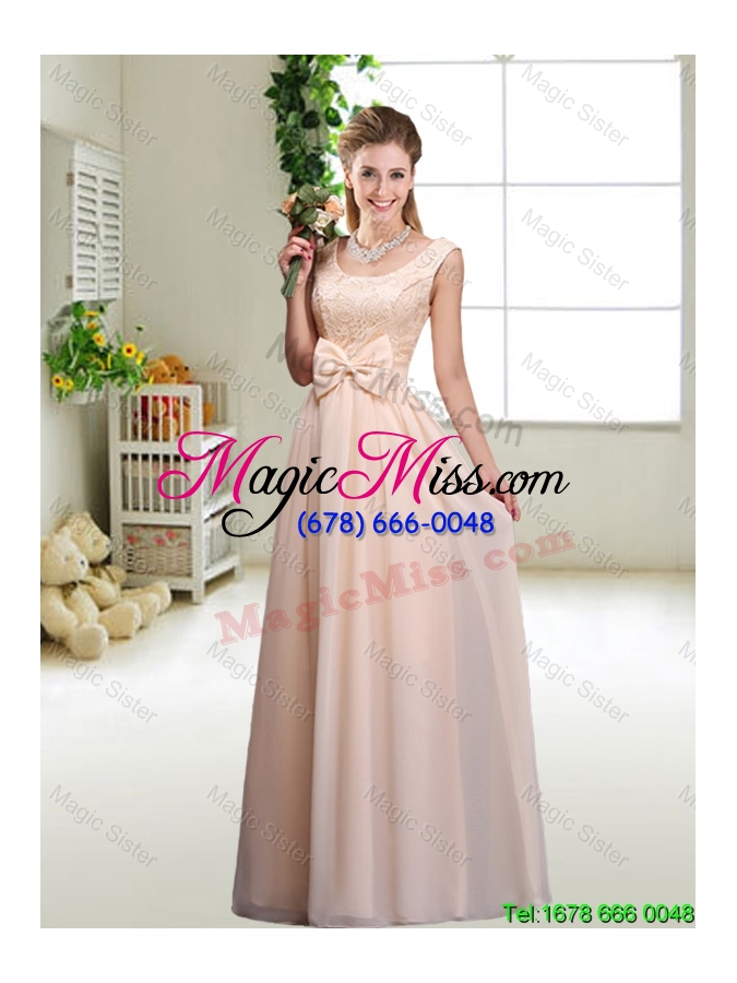 wholesale luxurious champagne bridesmaid dresses with lace and bowknot