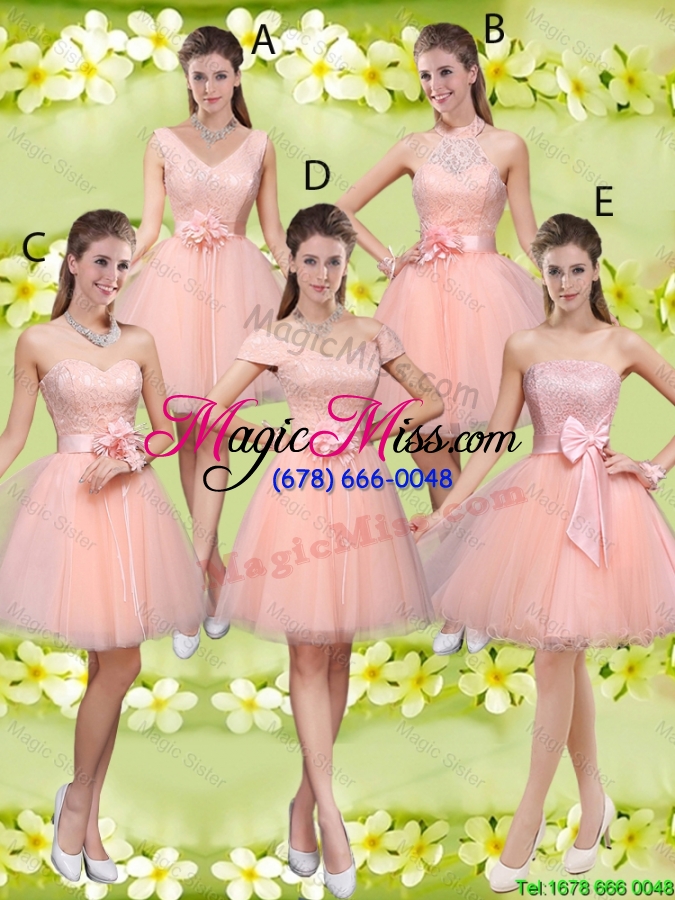 wholesale decent v neck baby pink prom dresses with hand made flowers