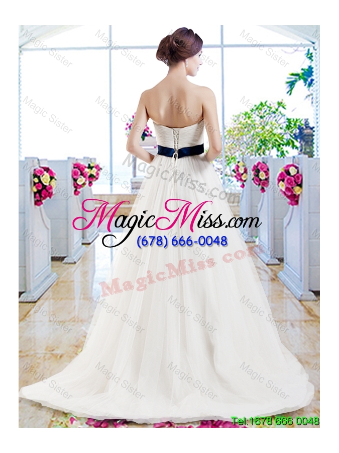 wholesale modest brush train wedding dresses with belt and appliques