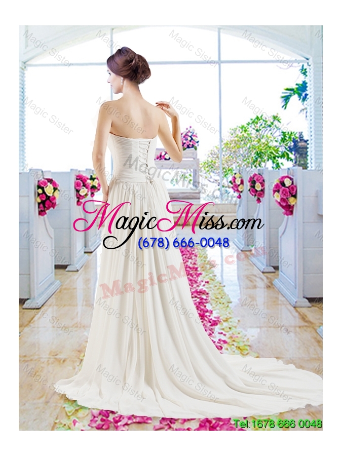 wholesale modest brush train wedding dresses with belt and appliques