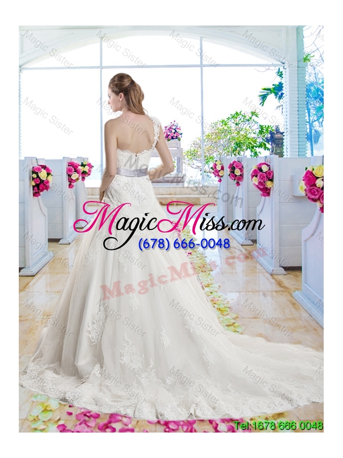 wholesale popular one shoulder laced wedding gowns with bowknot