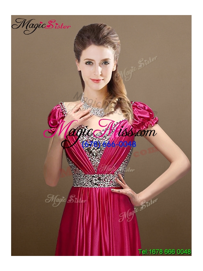 wholesale pretty empire v neck beading prom dresses with short sleeves