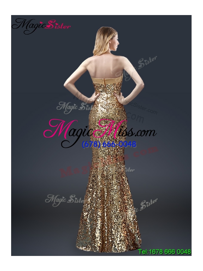 wholesale fall column sequins prom dresses with bowknot in gold