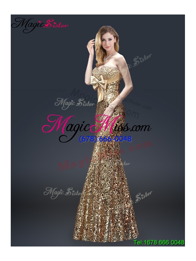 wholesale fall column sequins prom dresses with bowknot in gold