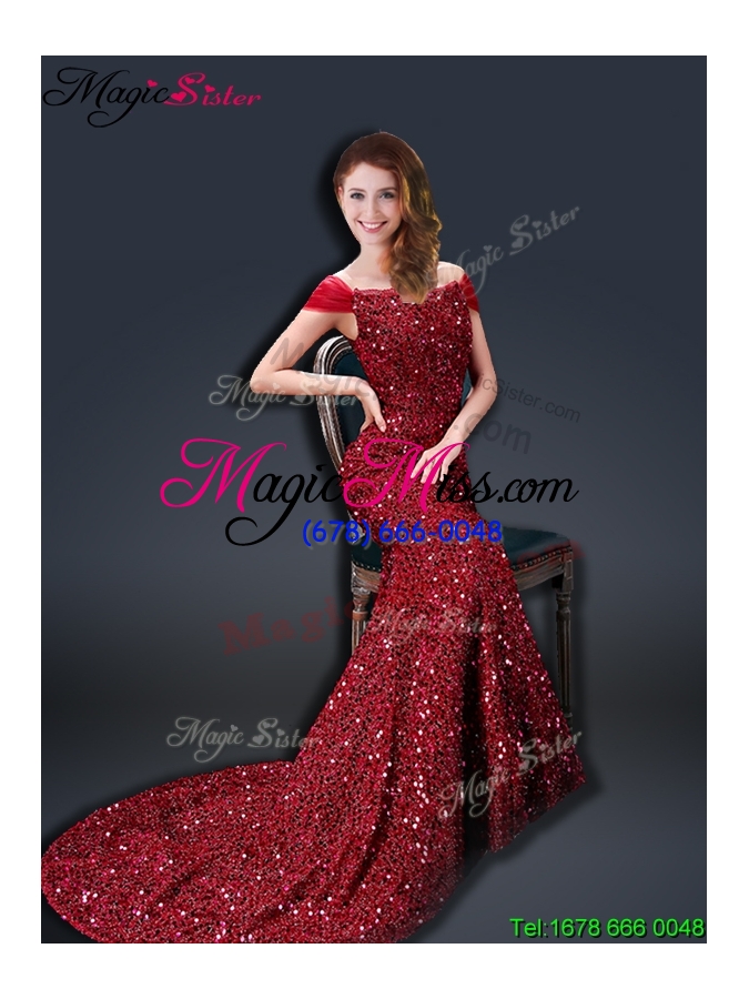 wholesale winter mermaid off the shoulder sequins prom dresses in wine red