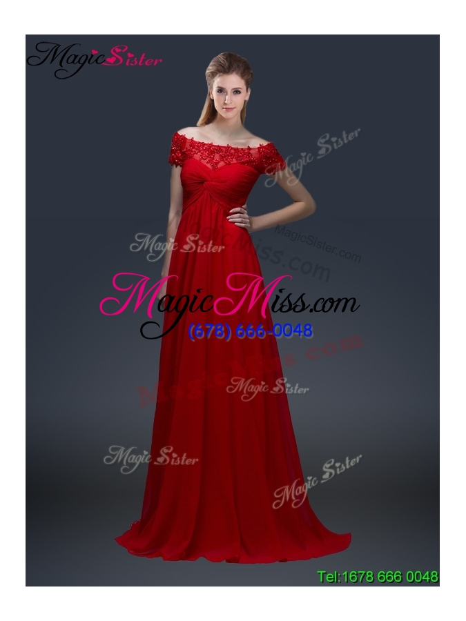 wholesale simple off the shoulder short sleeves red prom dresses with appliques