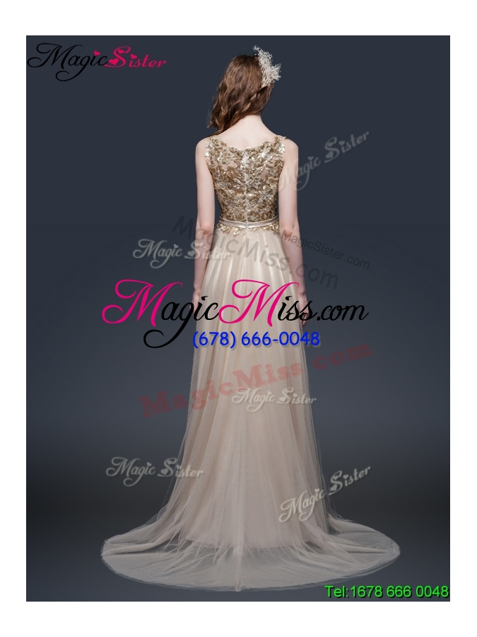 wholesale 2016 luxurious brush train prom dresses with appliques and bowknot
