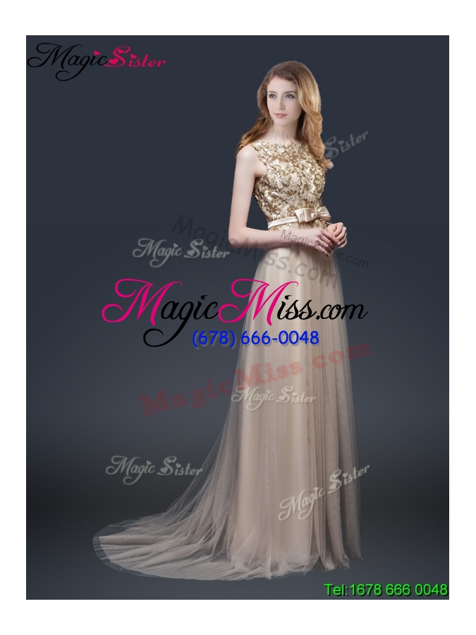 wholesale 2016 luxurious brush train prom dresses with appliques and bowknot