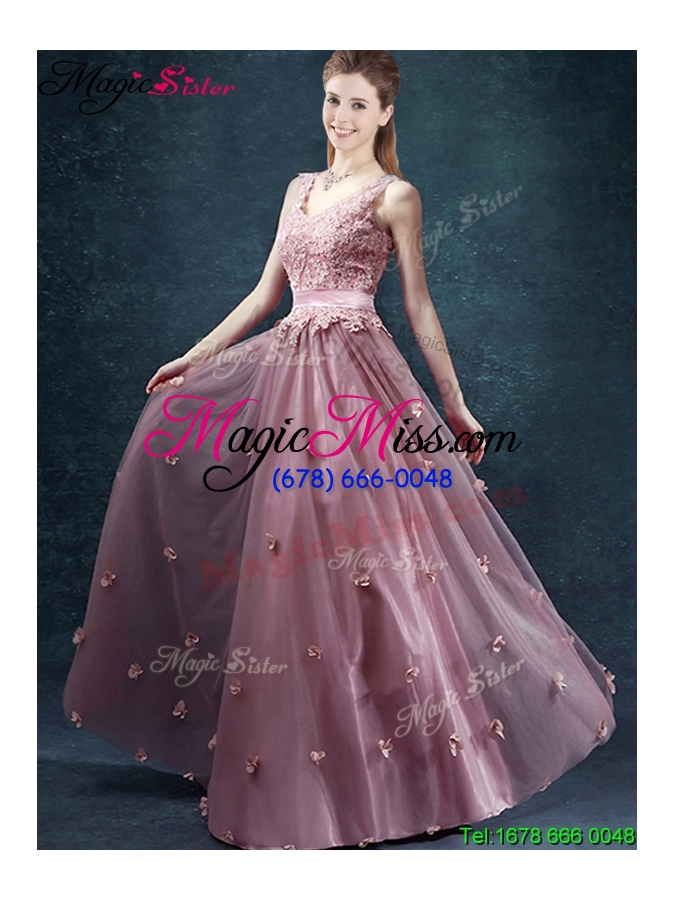 wholesale classical v neck prom dresses with appliques and belt
