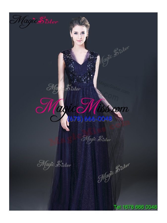 wholesale 2016 fashionable v neck paillette prom dresses in navy blue