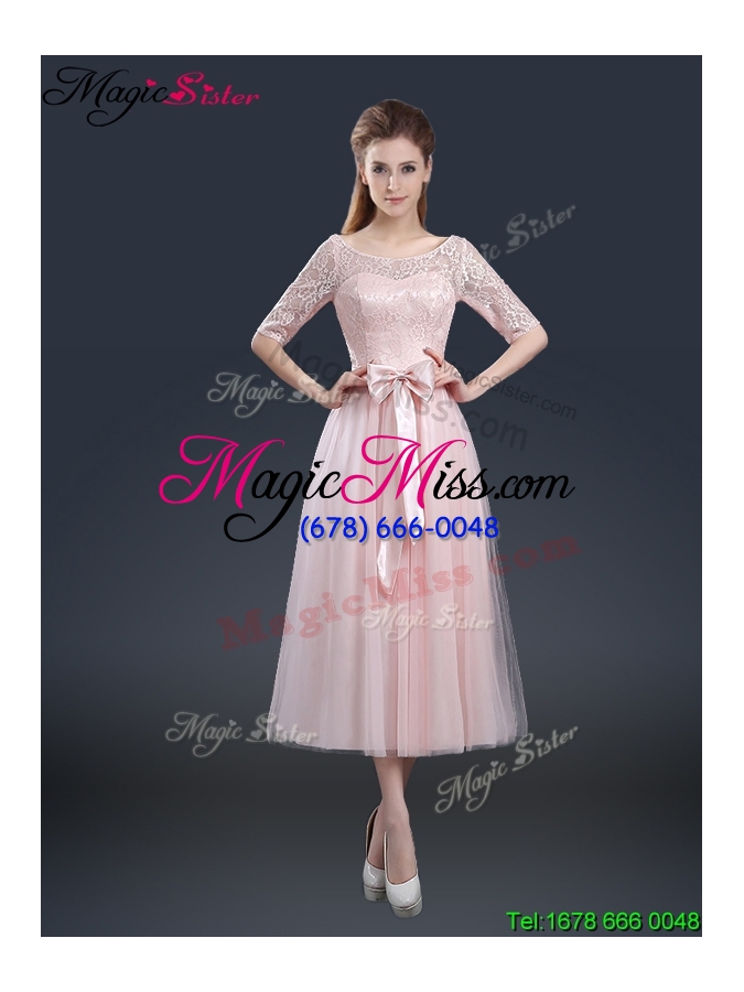 wholesale 2016 elegant tea length prom dresses with lace and bowknot
