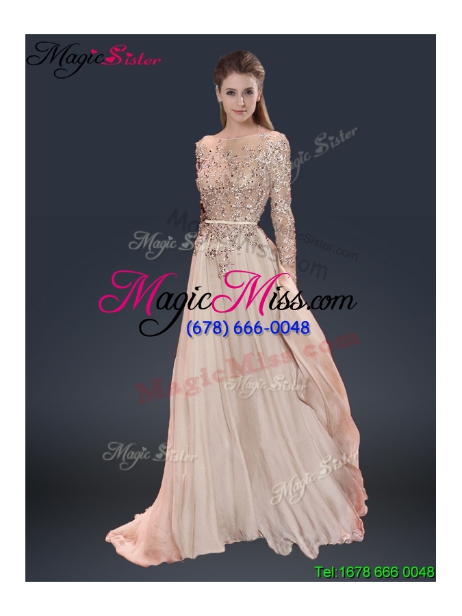 wholesale cheap brush train champagne prom dresses with beading
