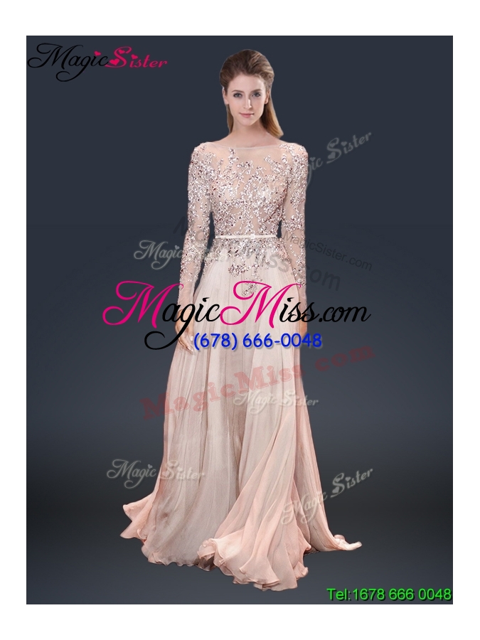 wholesale cheap brush train champagne prom dresses with beading