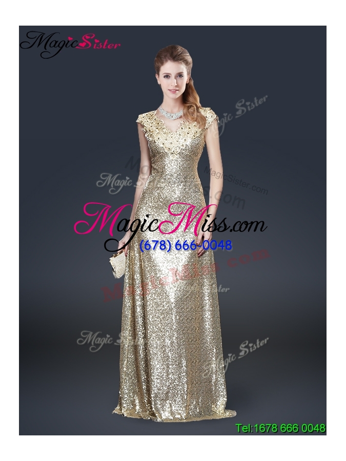 wholesale perfect v neck sequins prom dresses in champagne